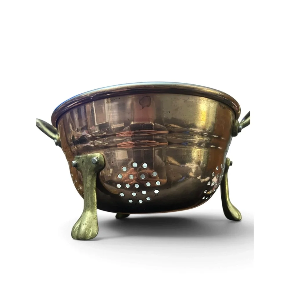 Vintage Solid Copper Colander Footed Brass Tripod Lion Paw Handles 70s Hang Tag